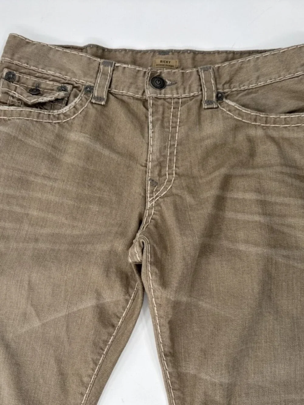 True Religion Tan Jeans Mens 38x34 Ricky Relaxed Denim Thick Stitch SuperT Flap